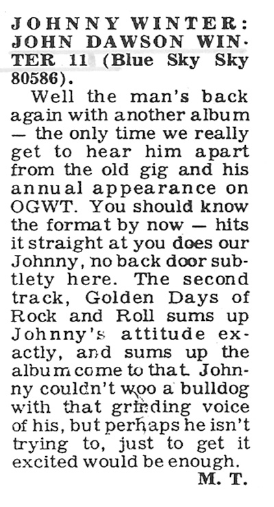Review of Johnny Winter's John Dawson III LP 